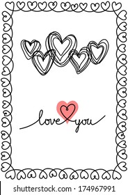 Vector background with hearts and frame of doodles. Wedding, Valentines Day card in hand drawn style. Decorative illustration for print, web