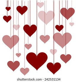 vector background hearts hanging on threads for Valentine's Day