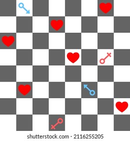 Vector background with hearts and venus and mars icons. Chess board. Pattern for wrapping paper, gift bags, napkins, souvenir prints, etc.