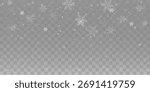 Vector background with heavy snowfall and lots of white snowflakes of various shapes. Cold winter design with transparent background, flying snowflakes and frosty air particles for Christmas.