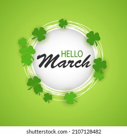 Vector background "Hello, March". Cute banner with an inscription in a circle and a clover illustration.