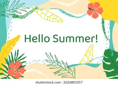 Vector background Hello summer. Vertical banner with tropical leaves, waves, flowers and texture. Trendy modern design for web, social networks, presentations, banners, posters and sales