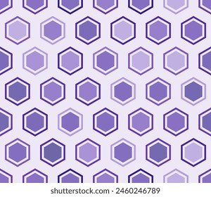 Vector background. Hexagon bold mosaic cell with padding and inner solid cells. Purple color tones. Large hexagon shapes. Tileable pattern. Seamless vector illustration.