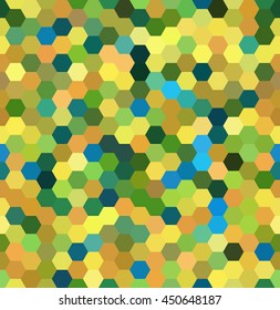 Vector background with hexagons. Can be used for printing onto fabric and paper or decoration. Yellow, blue, green, orange colors. 