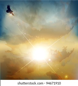 vector background with high-soaring eagle on a background of rising sun