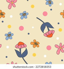 Vektorhintergrund im Hippie-Stil mit abstrakten Blumen. Blumenmuster nahtlose Muster für Stoffe, Textilien, Tapeten.