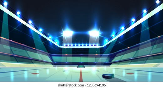 Vector Background Of Hockey Arena, Ice Rink With Black Rubber Puck. Sports Stadium With Spotlights For Competition, Tournament. Empty Area, Fan Sector. Backdrop For Skating, Team Game Concept.