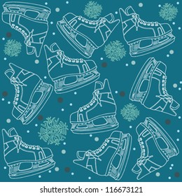 Vector background with hockey skates and snowflakes.