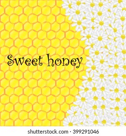 Vector background with honeycomb hexagon and chamomile flowers. Sweet honey illustration