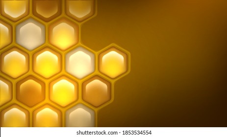 Vector background with honeycomb with honey, yellow shiny hexagons or bee hive