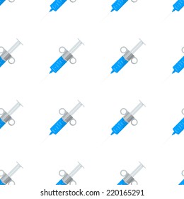 Vector background for hospital. Medical syringe. Seamless vector pattern with gray syringe with blue liquid on white background.