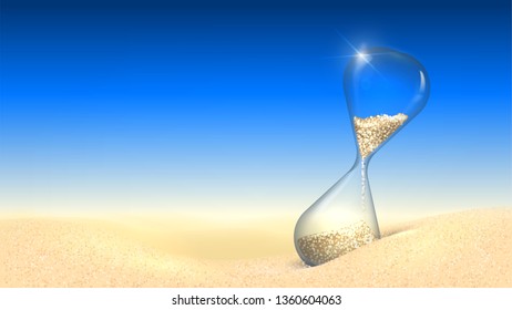 Vector background with hourglass in the desert. Hot day. Concept: time, life, ecology