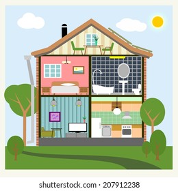 Vector background house interiors with living kitchen bathroom bedroom attic