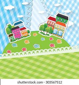 Vector background with houses on a green grass