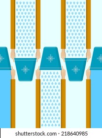 Vector background for Ice Bucket Challenge. Vector pattern with flat hands with blue inverted bucket on blue background.