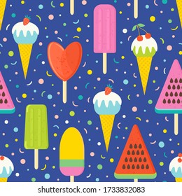 Vector background with ice cream and popsicles. Seamless pattern with gelato and sprinkles.