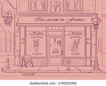 Vector background Ice Cream Shop. Image of Frozen Yogurt cafe in pink colors. For web, video, interface, design, handout, news-sheet.