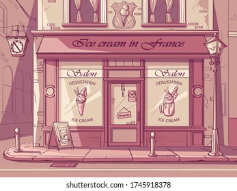 Vector background Ice Cream Shop. Image of Frozen Yogurt cafe in pink colors. For web, video, interface, design, handout, news-sheet.