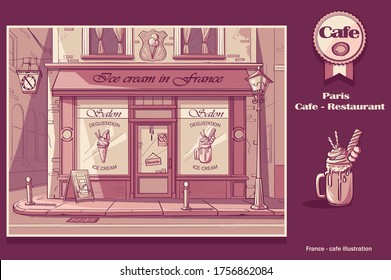 Vector background Ice Cream Shop. Image of Frozen Yogurt cafe in pink colors. For print on demand, powerpoint and keynote presentations, advertisements and commercial, magazines and newspapers