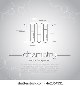 Vector background with icons - flasks. Chemistry - inscription . Science and educational background.