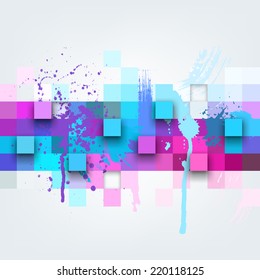 Vector background. Illustration of abstract texture with squares and paint splashes. Pattern design for banner, poster, flyer, cover, brochure. Hand drawn watercolor paint splash.