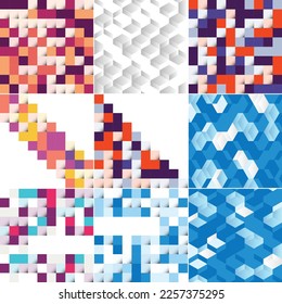 Vector background with an illustration of an abstract texture featuring squares suitable for use as a pattern design in banners. posters. flyers. cards. postcards. covers. and brochures; pack of 9