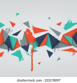 Vector background. Illustration of abstract texture with triangles and paint splashes. Pattern design for banner, poster, flyer, card, postcard, cover, brochure. Hand drawn watercolor paint splash.