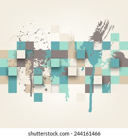 Vector background. Illustration of abstract texture with squares and paint splashes. Pattern design for banner, poster, flyer, cover, brochure. Hand drawn watercolor paint splash.