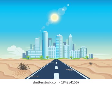 Vector background illustration of an asphalt road in the desert leading to a big city in the daytime in summer