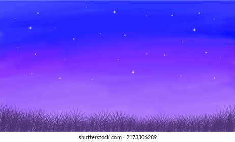 vector background illustration of a beautiful landscape of grass and night sky with shining starlight. illustrations suitable for wallpaper, thumbnails, and other design needs. simple background.