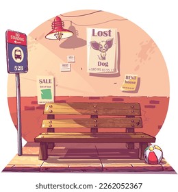 Vector background illustration bench at bus stop. For print on demand, powerpoint and keynote presentations, magazines and newspapers, book covers.