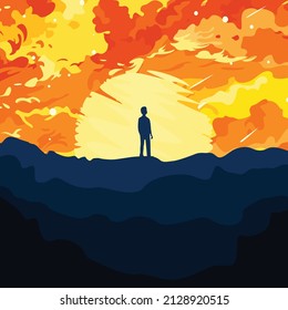 Vector background illustration of a boy looking up at the sky