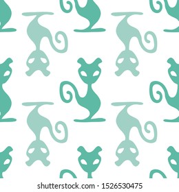 Vector background, illustration with cats in green and white. Seamless pattern for fabric, textile, gifts, wallpaper and scrapbooking.