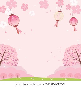 Vector background illustration of cherry blossom flowers with hanging lantern, celebrating the beautiful spring.