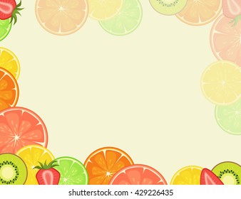 Vector background illustration with citrus, strawberry and kiwi. Fresh summer background.