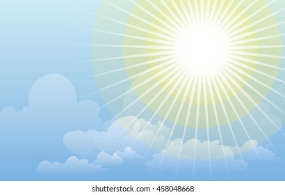 Vector background illustration. Clear sunny blue sky with white clouds and shining sun. Sunshine. Sun rays.