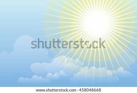 Vector background illustration. Clear sunny blue sky with white clouds and shining sun. Sunshine. Sun rays.