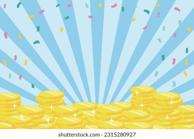 Vector Background Illustration with Coin and Sunburst Amidst Confetti