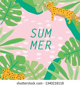 Vector background illustration of cute cheetah and tropical leaves