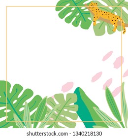 Vector background illustration of cute cheetah and tropical leaves