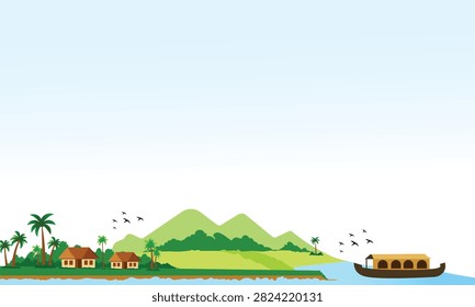 A vector background illustration depicting the picturesque landscape of Kerala during the Onam festival. Featuring traditional village huts, coconut palm trees, lush green hills, flying birds, and a classic Kettuvallam (houseboat) floating on the backwaters with copy space for text. Perfect for Happy Onam greetings, web banners, posters, and social media posts.
