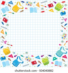 Vector background illustration or design template with education supplies on a background in the box, like in the school notebook