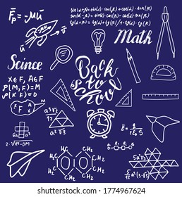 Vector background.  illustration in Doodle style. Back to school. Inscription, scientific formulas, drawings on the blackboard.Scientific and educational base. For notebooks, notebooks, postcards.