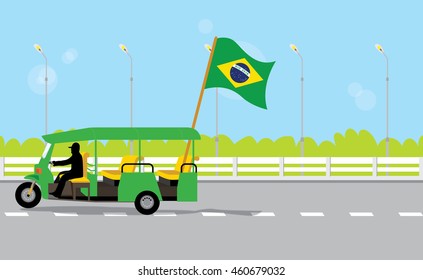 Vector a background an illustration with driver three-wheeled tuk-tuk taxi on the road.(rio 2016 concept)