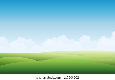 Vector background illustration of a empty green landscape with blue sky.