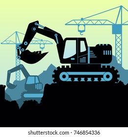 Vector background illustration of excavator loader tractor digging ground earth industrial construction site in flat style.