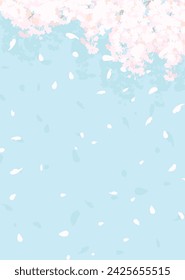 Vector background illustration of fluffy cherry blossoms in full bloom against a spring blue sky.