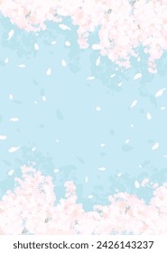 Vector background illustration of fluffy cherry blossoms in full bloom against a spring blue sky.