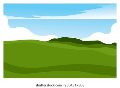 vector background illustration of green hills under clear blue sky, nature theme. Suitable for wall decorations, frames, book covers, banners, backdrops