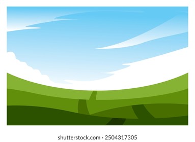 Ilustración de fondo de Vector de colinas verdes bajo el cielo azul claro, tema de la naturaleza. Conveniente para las decoraciones de la pared, marcos, cubiertas del libro, Anuncios, telones de fondo